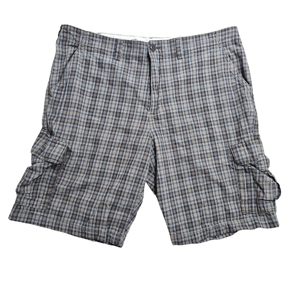 Eddie Bauer Cargo Shorts Mens 38 Brown Blue Plaid Legendwash Cotton 11407857